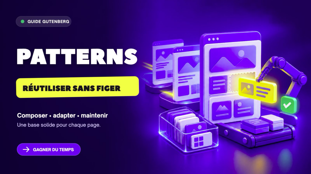 Une chaîne de production assemble des blocs réutilisables pour créer des pages WordPress cohérentes.